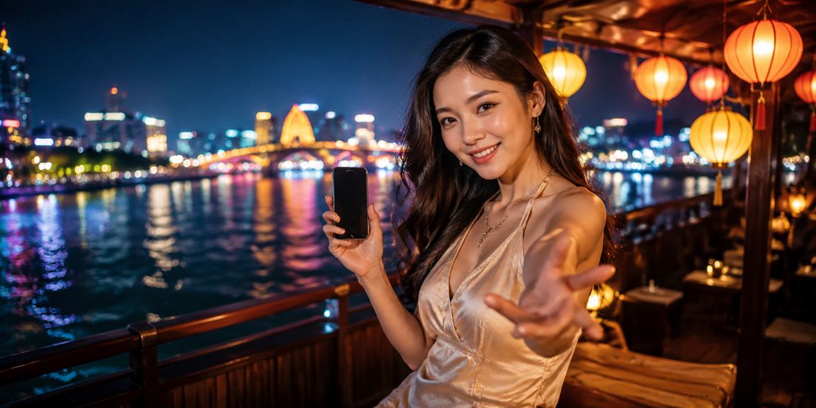 Người dùng tại Đà Nẵng chơi live casino trên điện thoại dưới đèn lồng về đêm