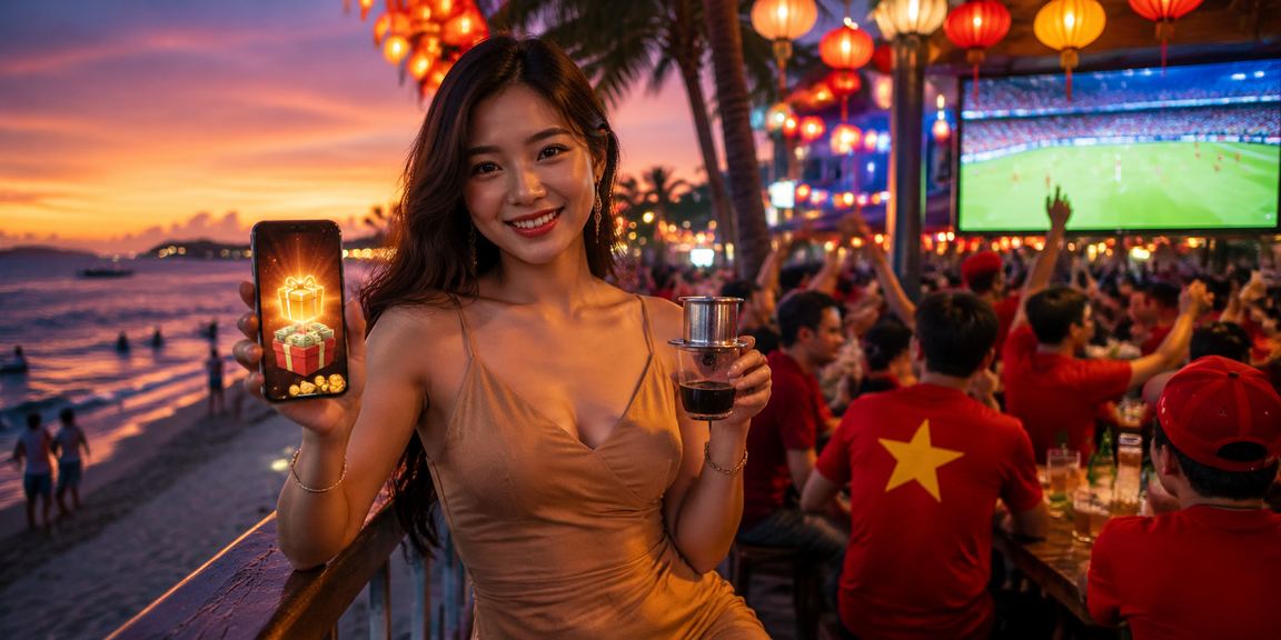 Người dùng tại Phú Quốc cài ứng dụng vd90 trên điện thoại Android trong lúc uống cà phê buổi sáng