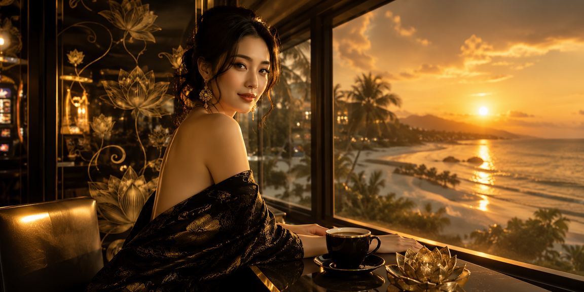 Khách du lịch tại Phú Quốc chơi slot game trên điện thoại bên tách cà phê buổi sáng